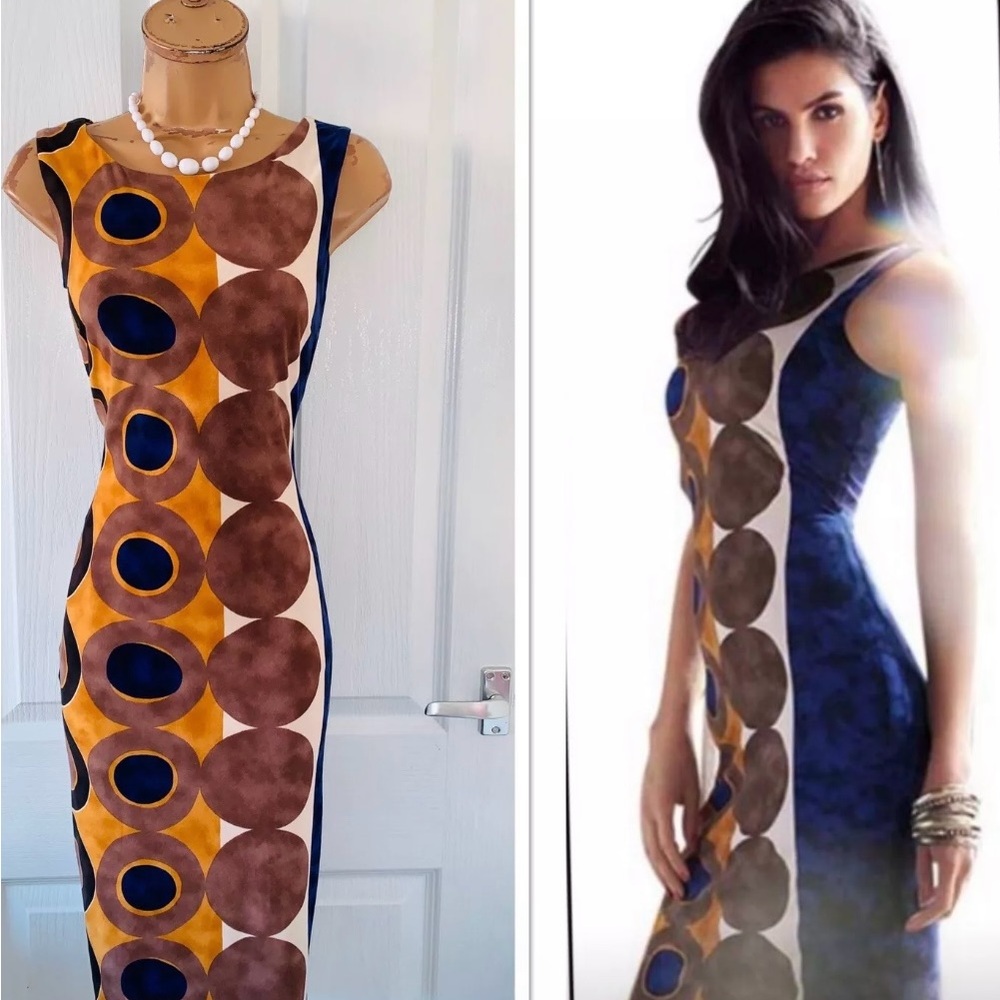 Joseph Ribkoff Blue and Brown Geometric Midi Dress